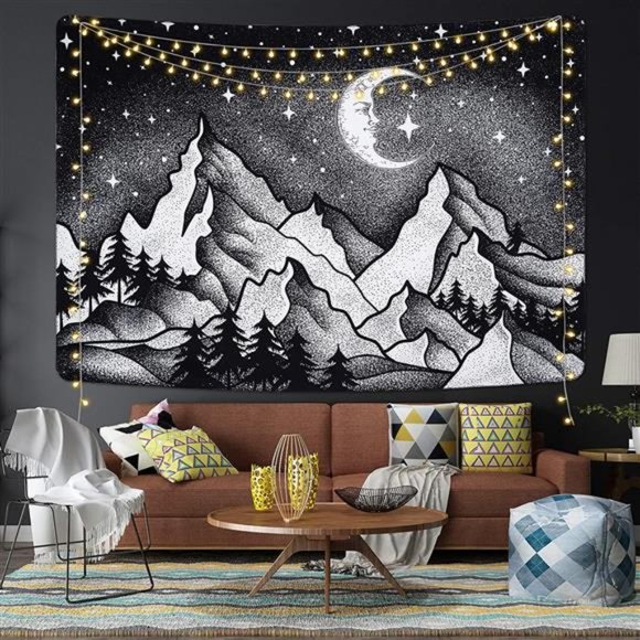 Other - Mountain Moon Tapestry Starry Night Sky Tapestry Black and White